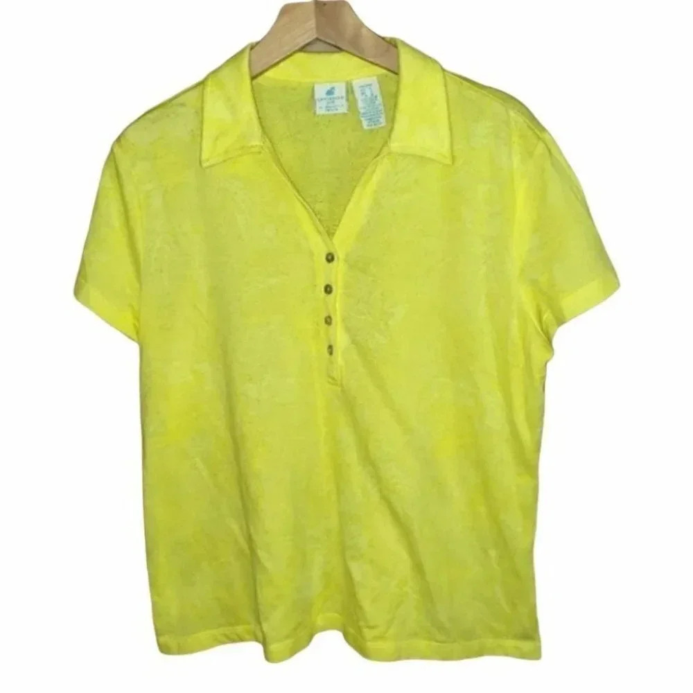 Caribbean Joe Polo Shirt Large Petite Yellow Floral Jacquard Short Sleeve Button